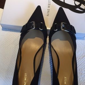 Nine West Black Linen Heels Sz 11 Buckle NIB